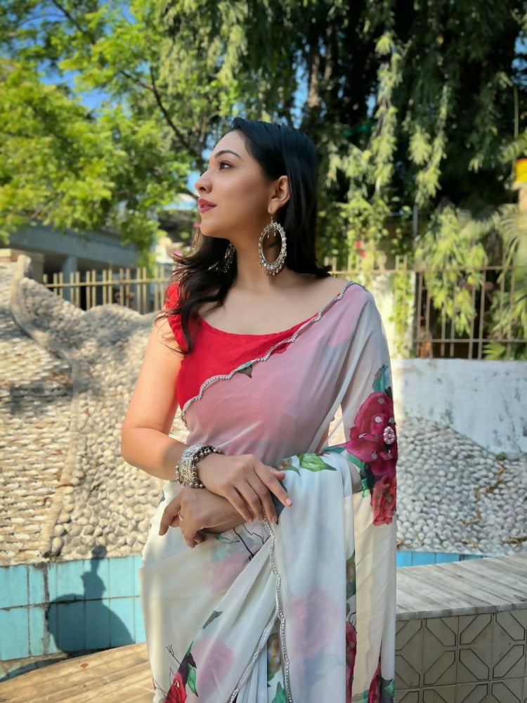 Vamsee Snehal White Georgette Saree