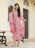 Kaajh Women's Pink Floral Print Cotton Kurta Pant With Dupatta Set
