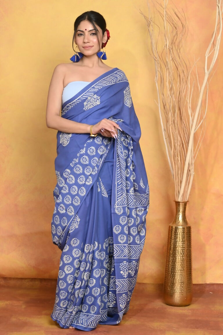 Very Much Indian Pure Cotton Handblock Printed Saree - Blue