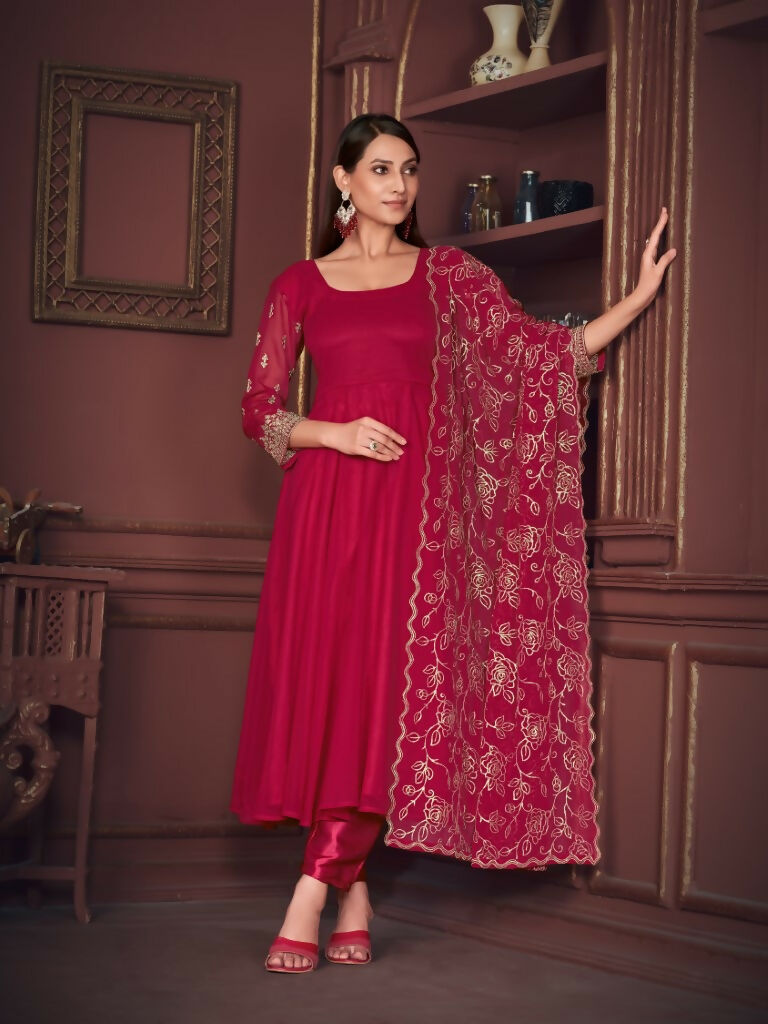 Jyoti Fashion Women's Rani Pink Georgette Embroidered Anarkali Kurta Pant Set With Dupatta