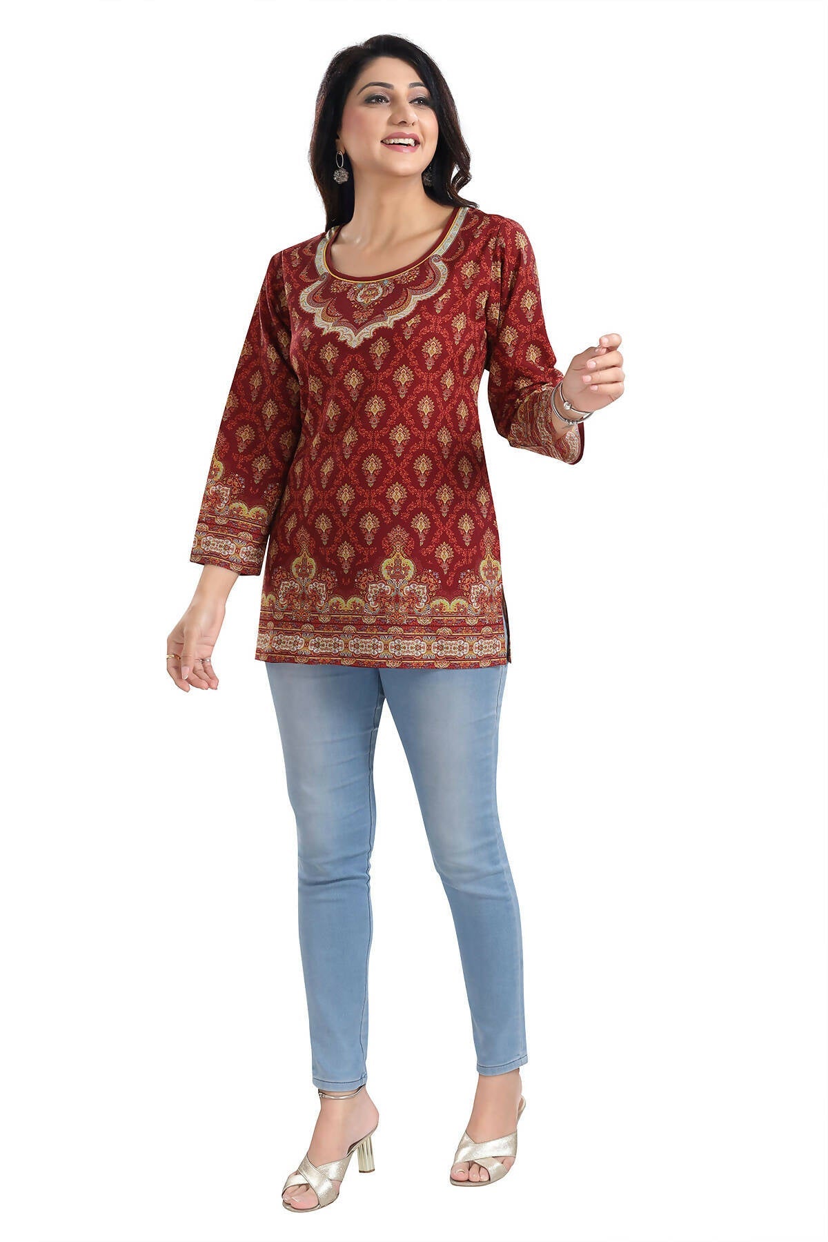 Snehal Creations Magical Maroon Printed Short Kurti Tunic Top