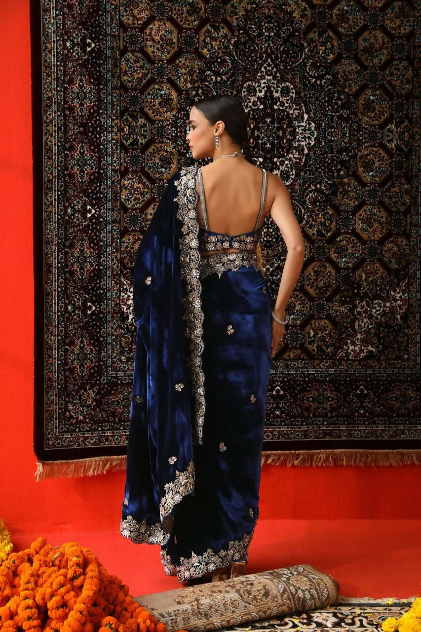 Vastranavya Designer Velvet Sequence & Zari Thread Embroidery work with border and Cutwork Saree - Navy Blue