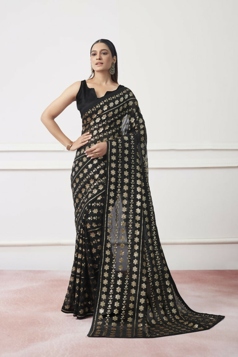 Black Georgette Sequance Embroidery Work Saree with Unstitched Blouse - Vandini