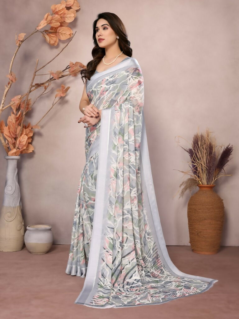 Designer Partywear Greay Bright Moss Satin Patta Fancy Saree - Kanak