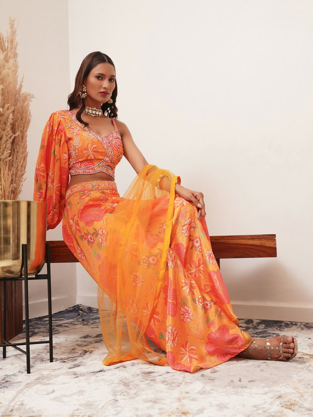 Orange Digital Chinon Handwork Top with Palazzo & Dupatta - Naomika