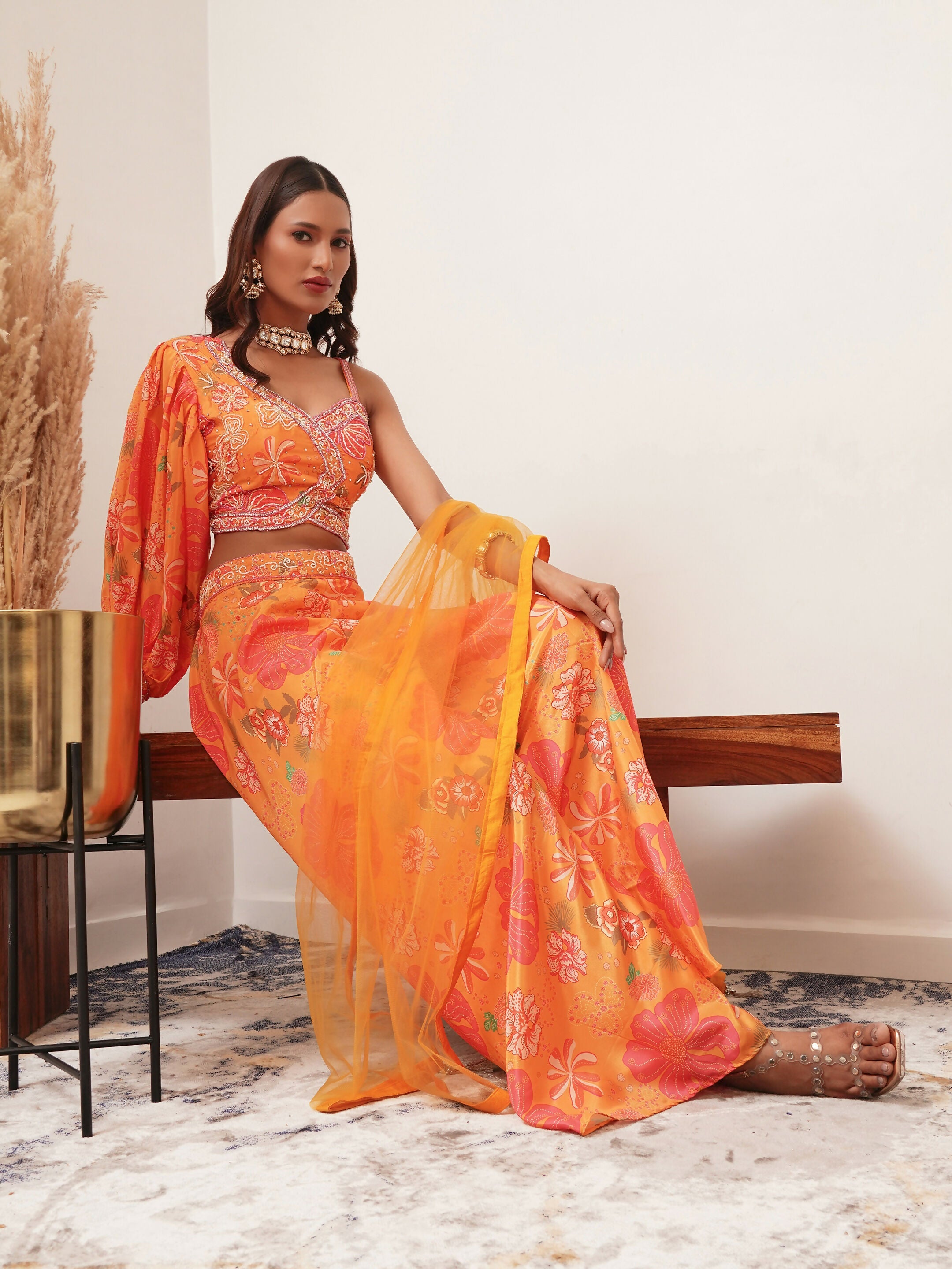 Orange Digital Chinon Handwork Top with Palazzo & Dupatta - Naomika