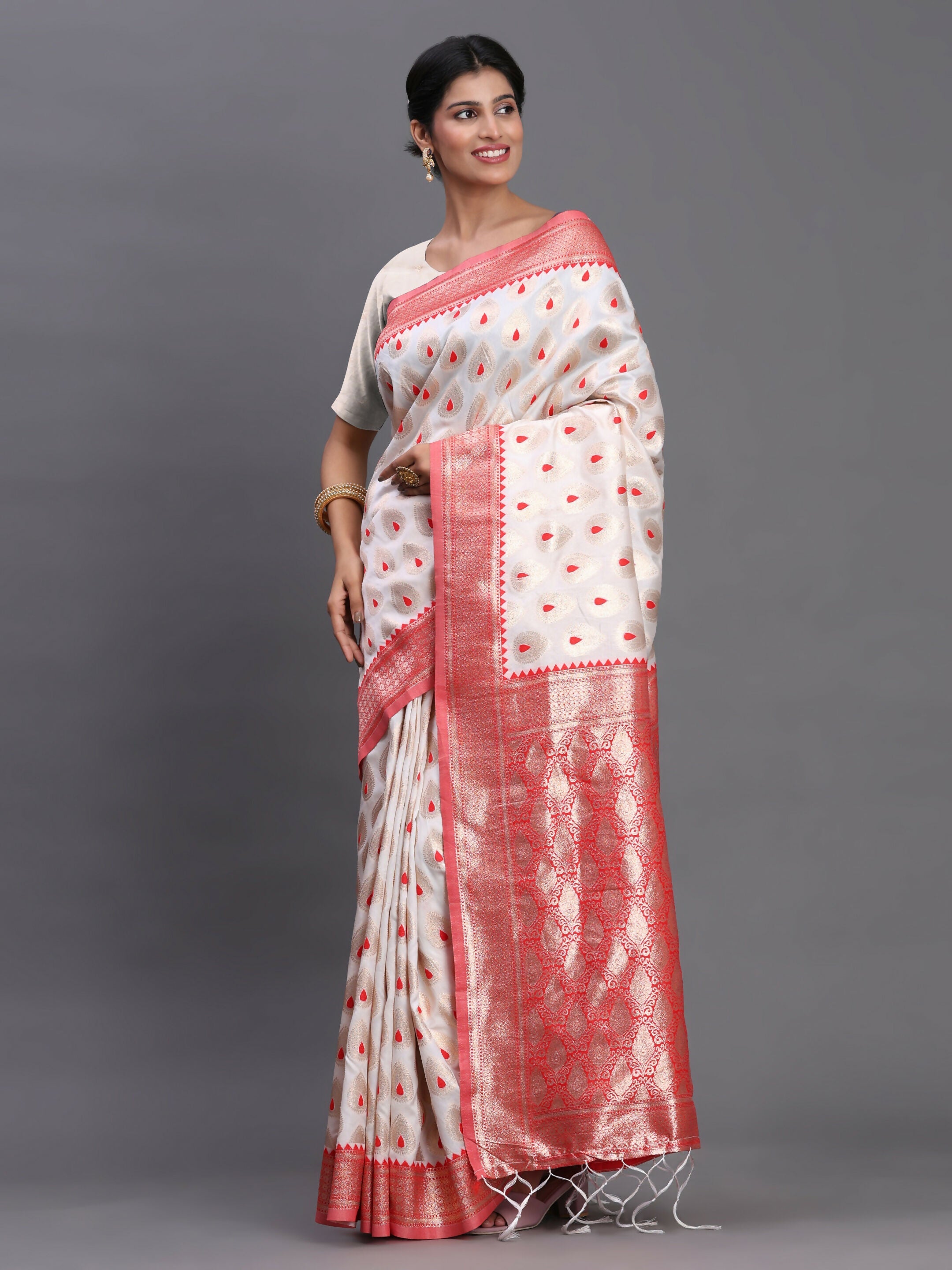 Shree Shyam Fashion Banarasi Silk Red & White Saree