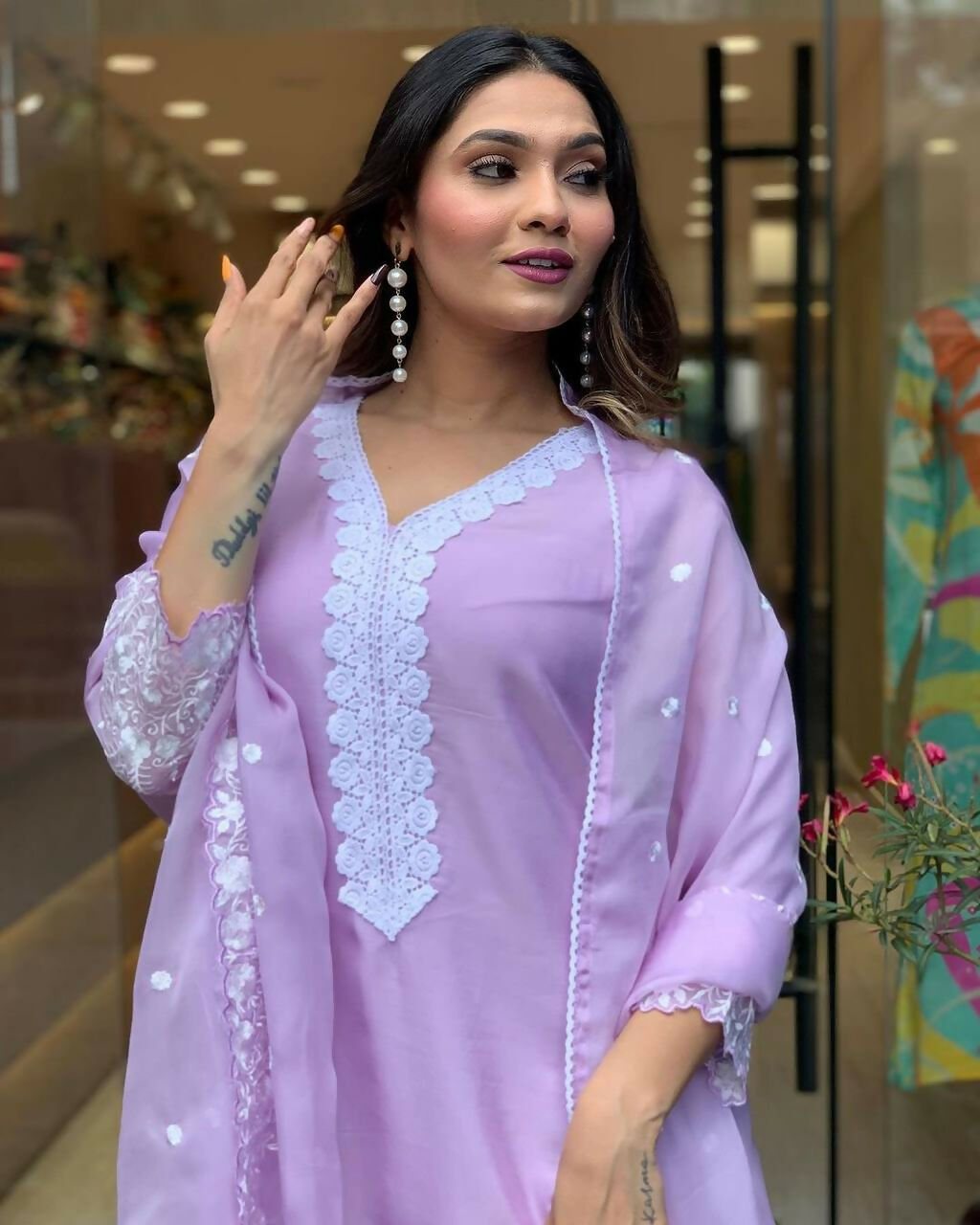 The52 Lavender Women's Gorgeous Embroidered Georgette Fabric Straight Kurta Pant with Dupatta Set