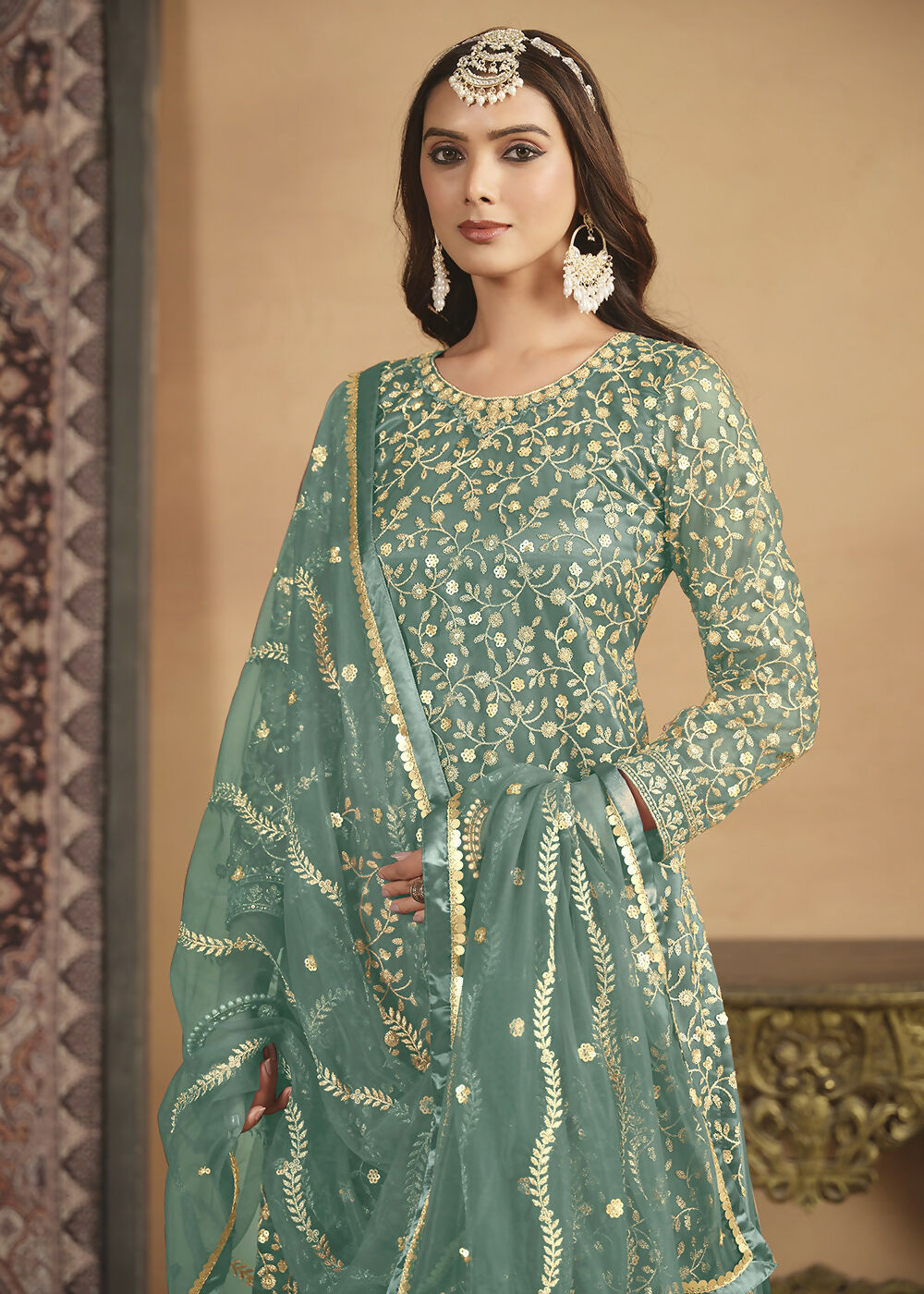 Net Mint Green Embroidered Festive Gharara Style Suit - Emponline