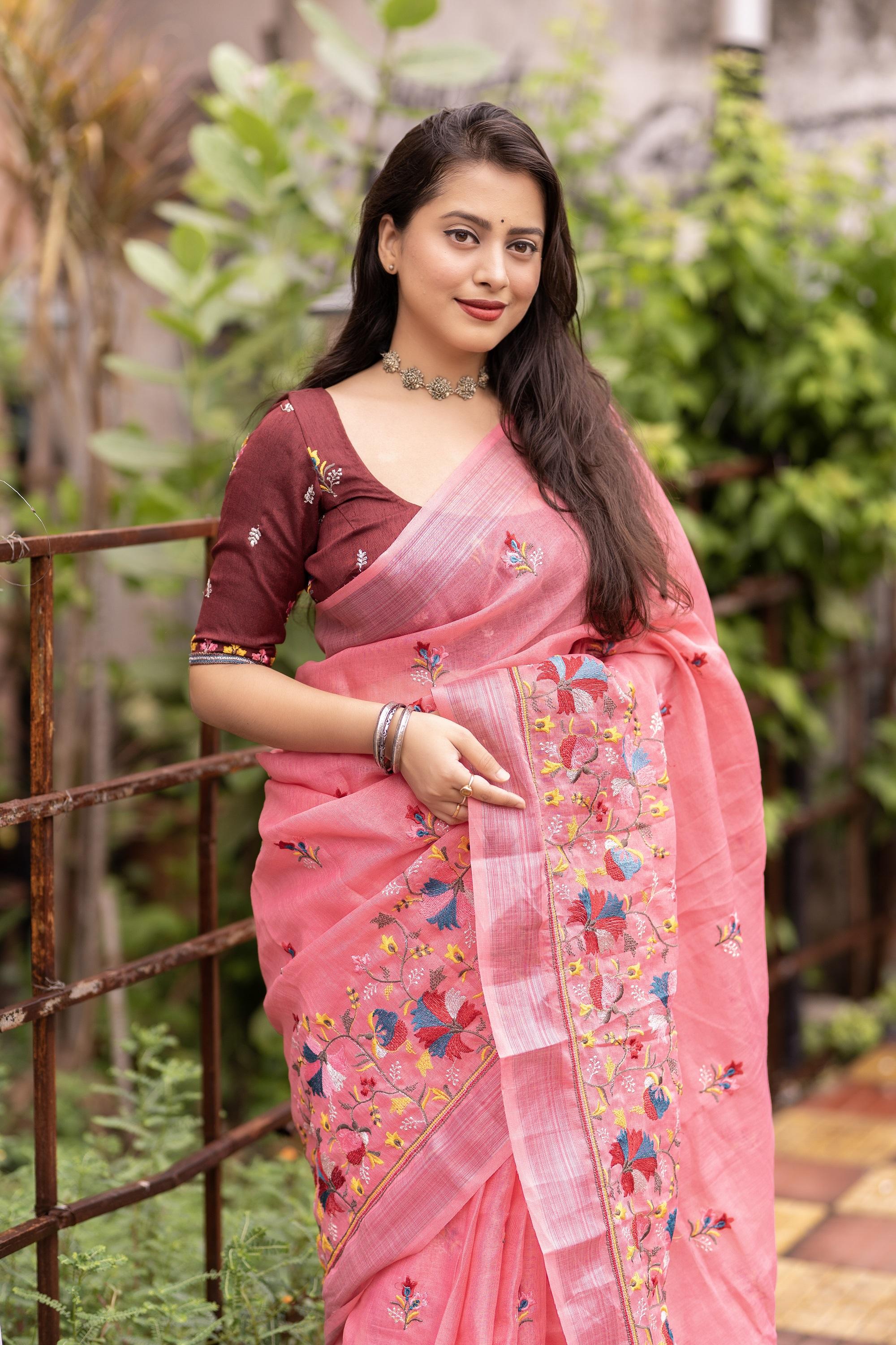 Pink Pure Linen Ethnic Motifs Saree with Unstitched Blouse - Hiral Fashion