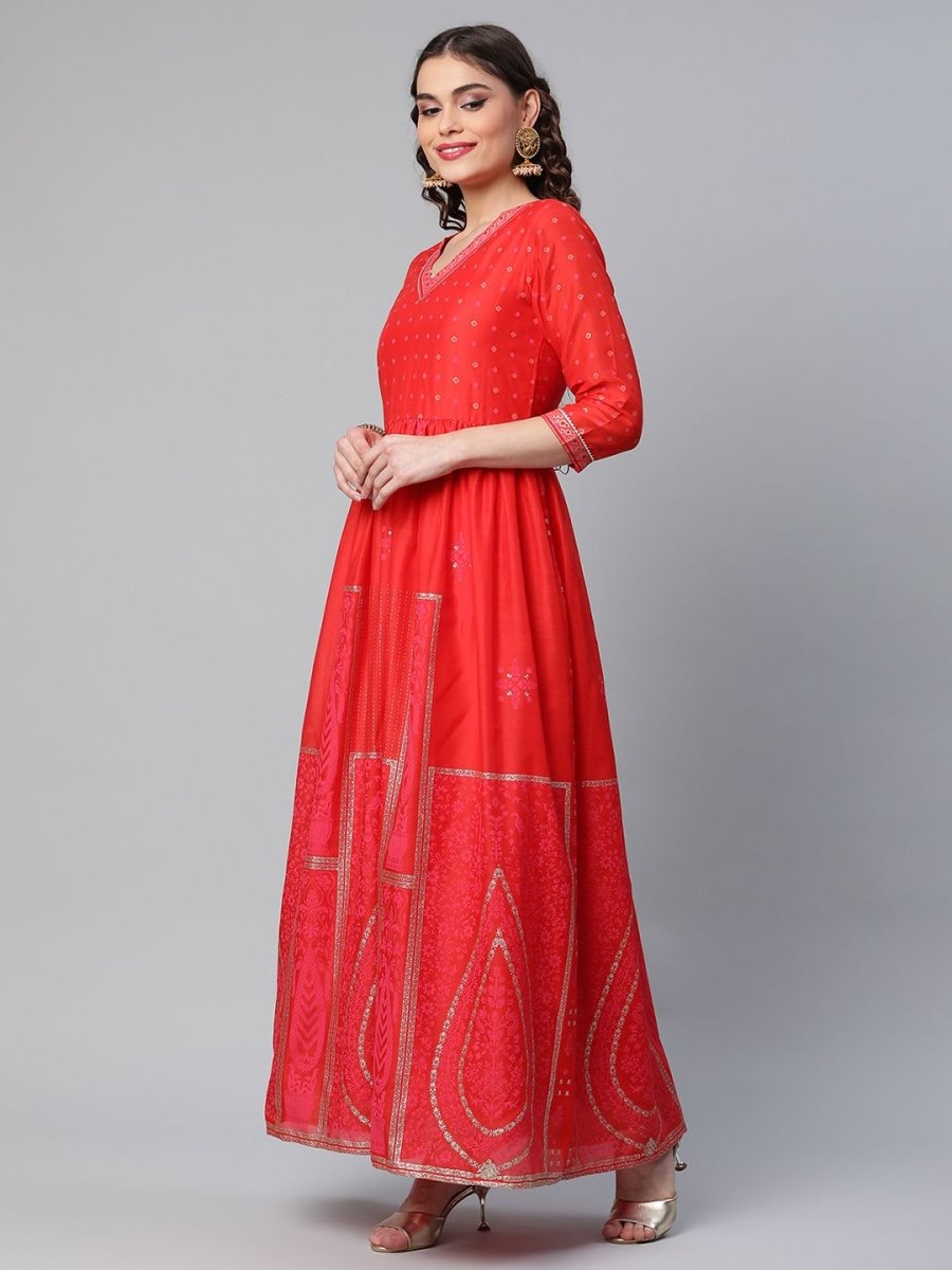 Ahalyaa Women Red Chanderi Khari Printed Dress