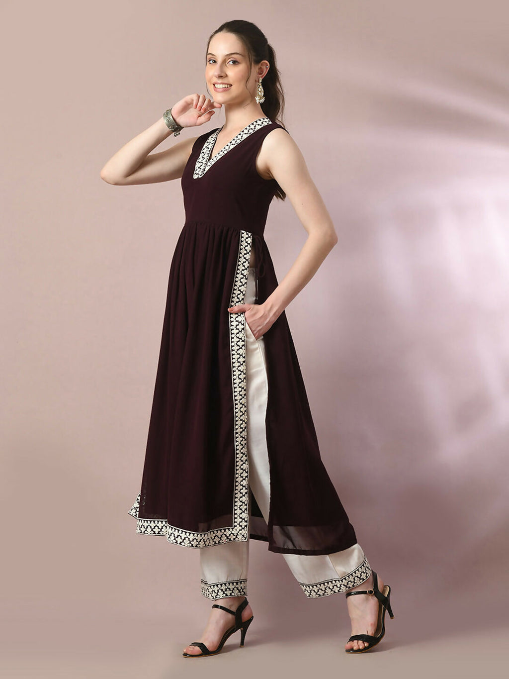 Myshka Women's Coffee Brown Solid Georgette Anarkali Party Kurta Set With Dupatta