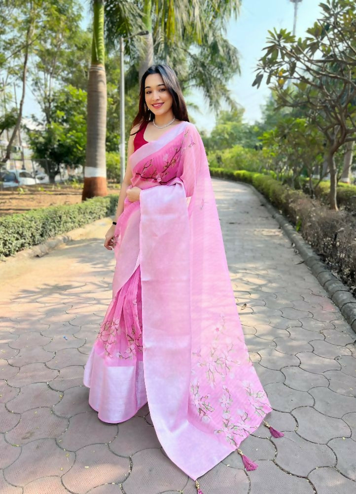Vamsee Mehar Peach Organza Saree