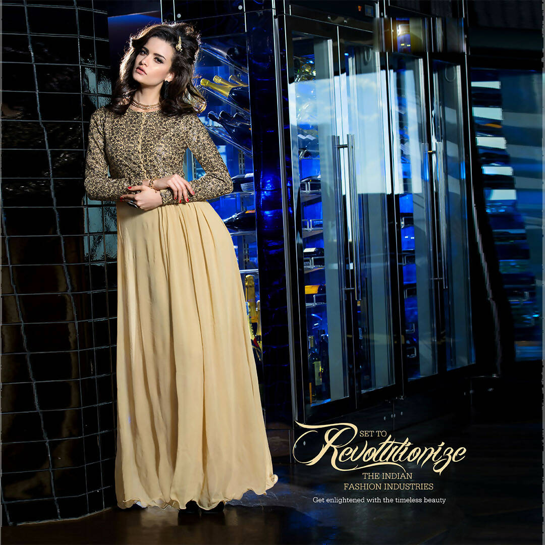 Cream Georgette Floral Embroidered A-line Kurti - Missy