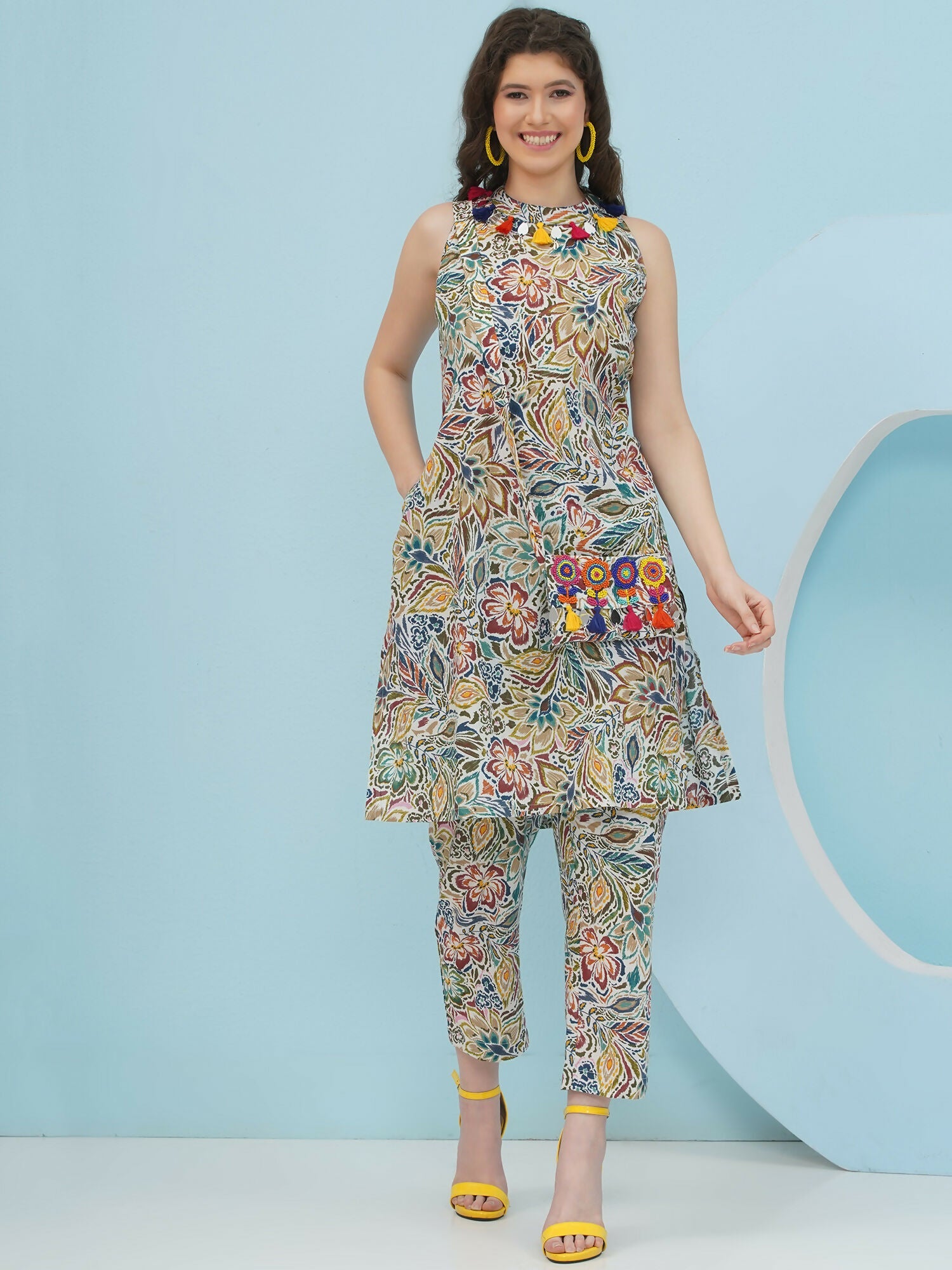 Joban Fashion Floral Co Ord Set With Embellished Sling Bag - Multi