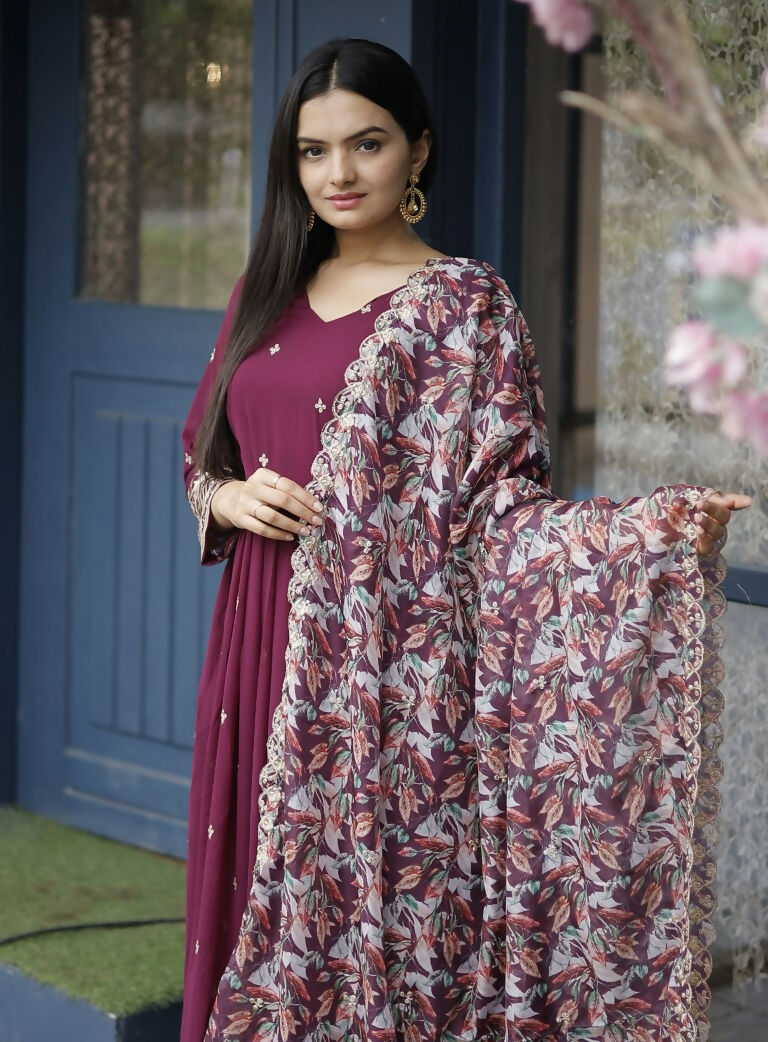 Jyoti Fashion Women's Wine Faux Blooming Sequins with Zari Embroidery Anarkali Dress with Dupatta