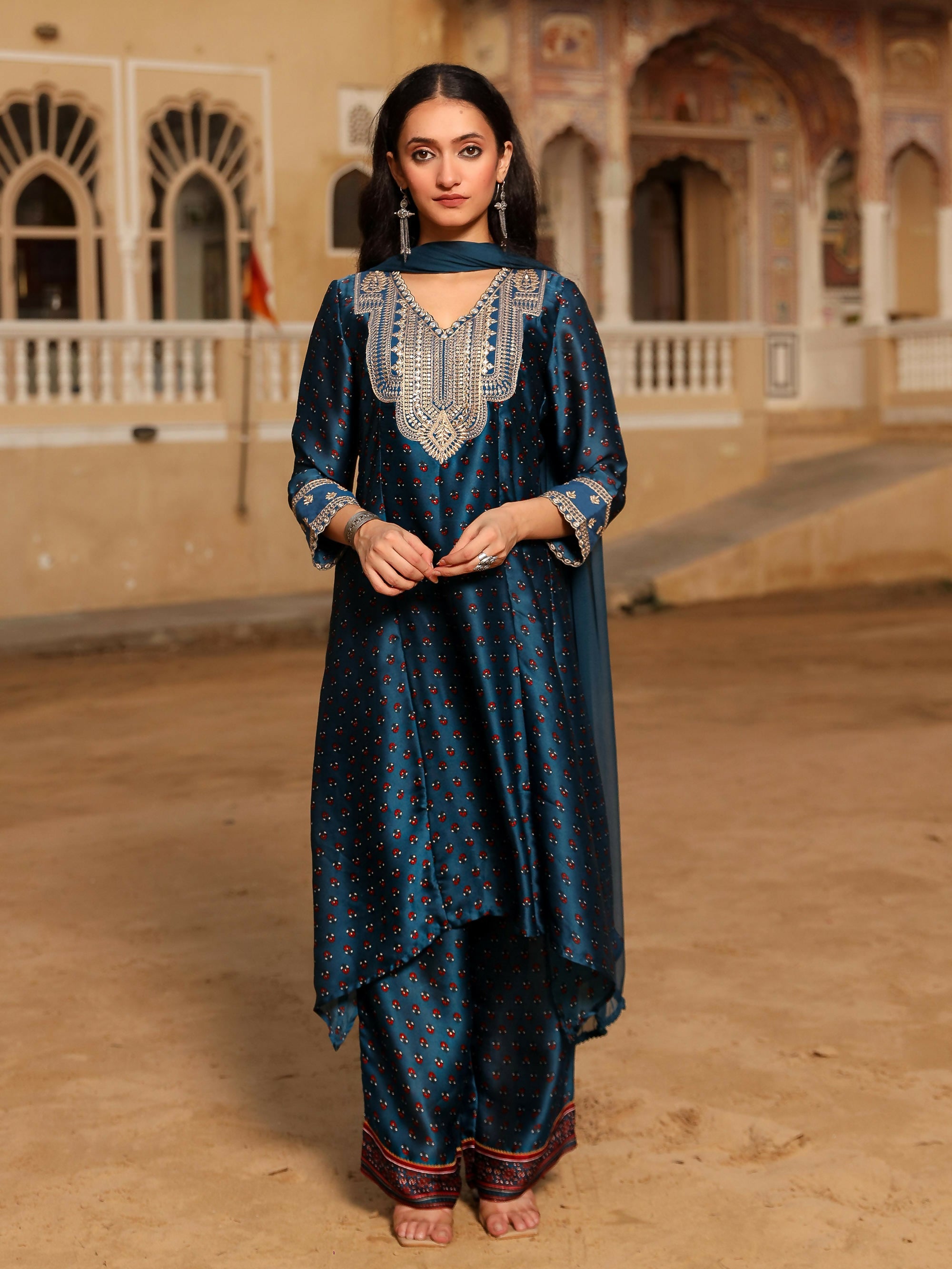 Juniper Women's The Swarn Blue Ethnic Motif Printed Satin Kurta Pant And Dupatta With Zari & Mirror Work