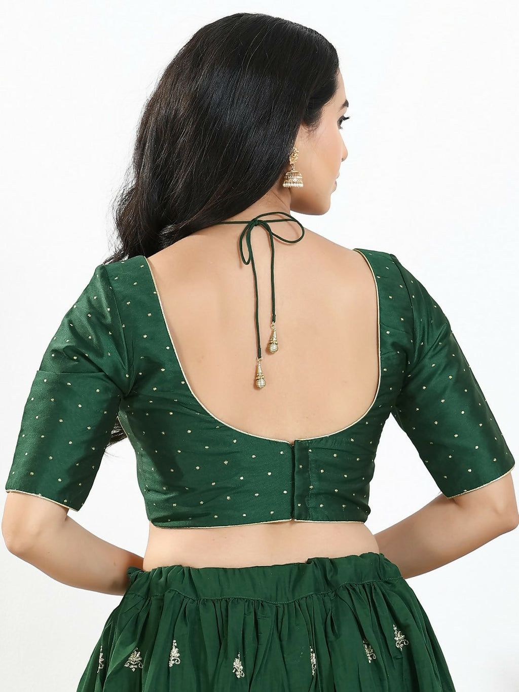 Joban Fashion Bottle Green Brocade Padded Blouse With Sweetheart Neck Elbow Sleeves