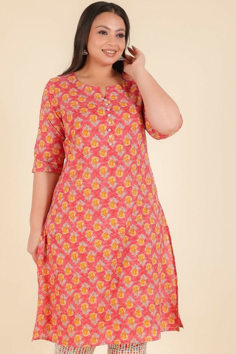 Aramya Peach Soft Cotton Floral A-line Kurta for Women