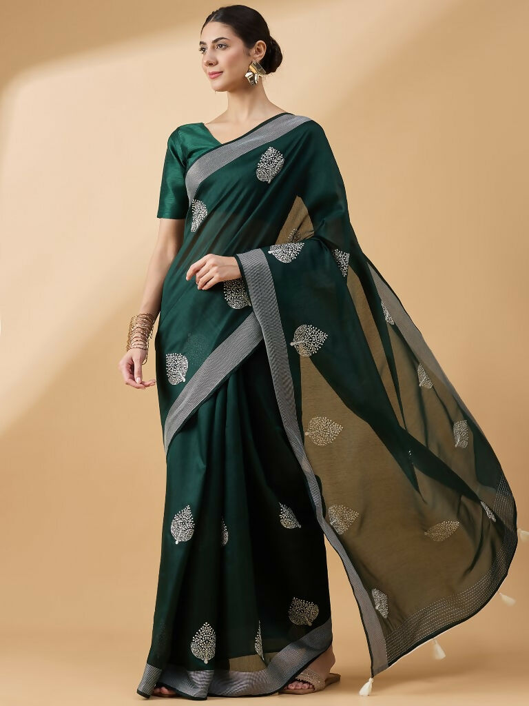 Green Cotton Blend Thread Embroidered Saree with Unstitched Blouse - Satya