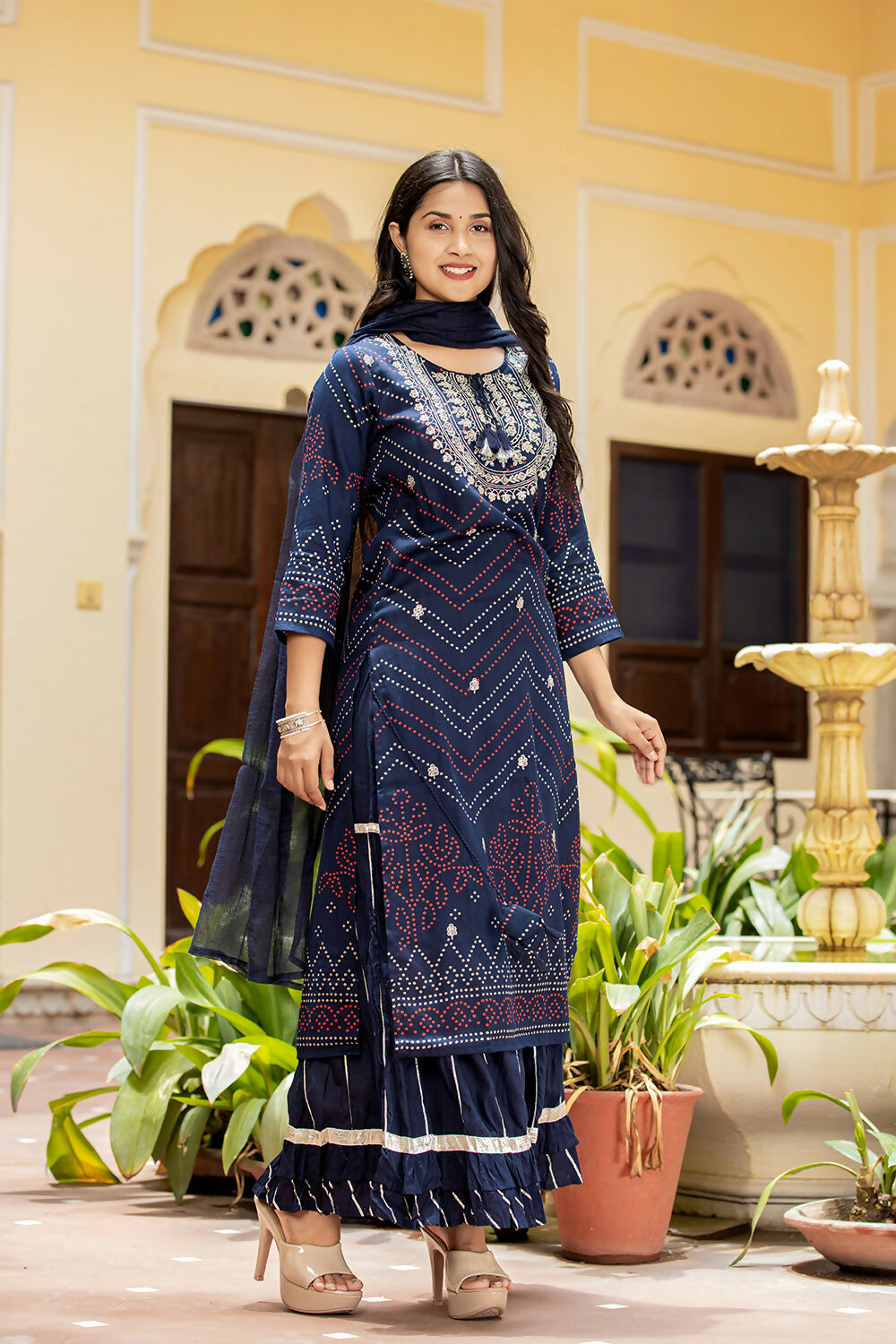 Kaajh Women's Navy Blue Embroidered Cotton Kurta Sharara Set With Dupatta