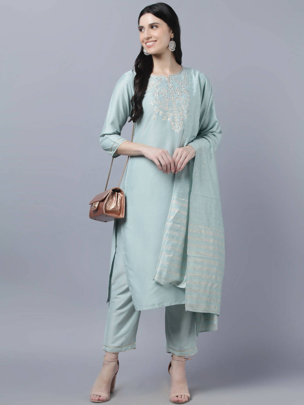 Myshka Women Grey Yoke Design Gotta Patti Kurta with Trousers Dupatta Set