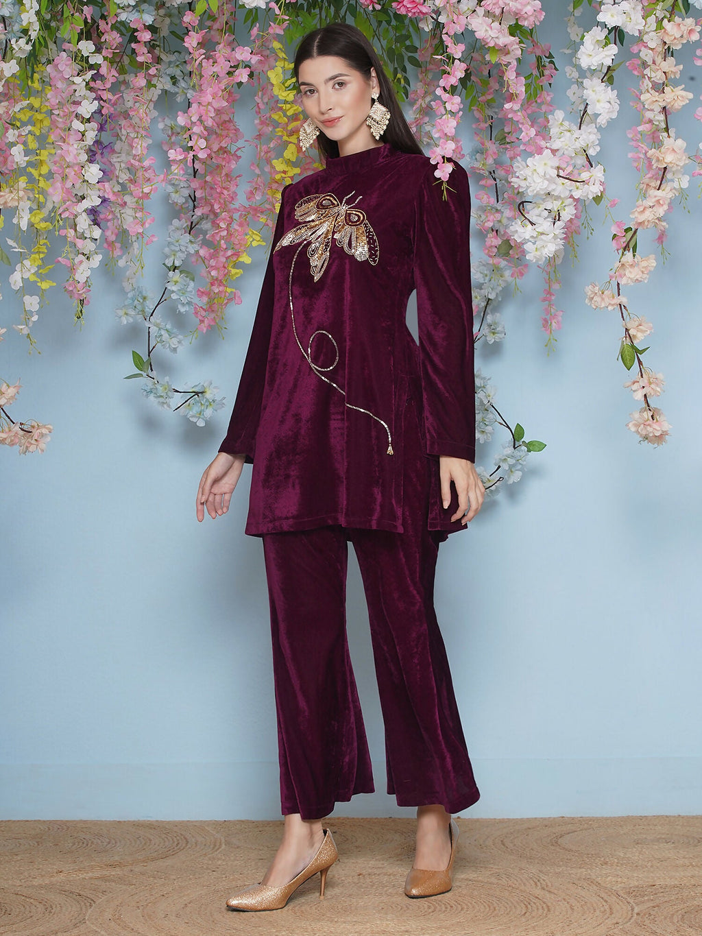 Joban Fashion Wine Velvet Hand Embellished Coord Set