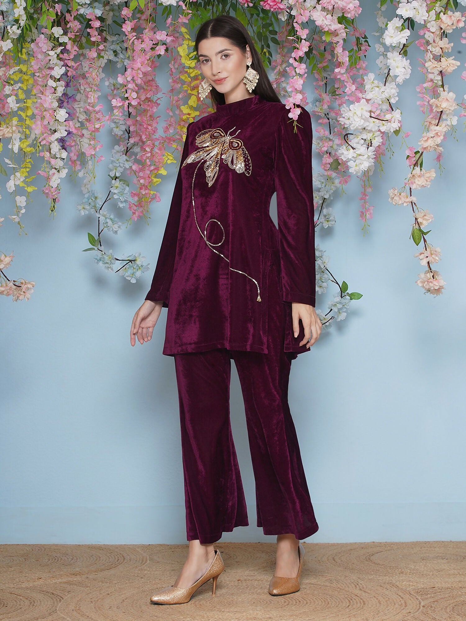 Joban Fashion Wine Velvet Hand Embellished Coord Set