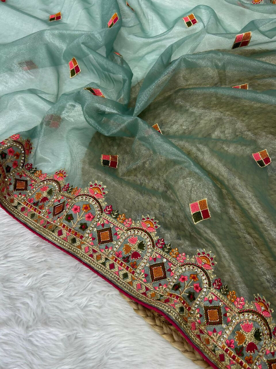 Vastranavya Twill Net Designer Embroidery & Colour Thread & Diamond work Saree with Blouse Material - Sky Blue