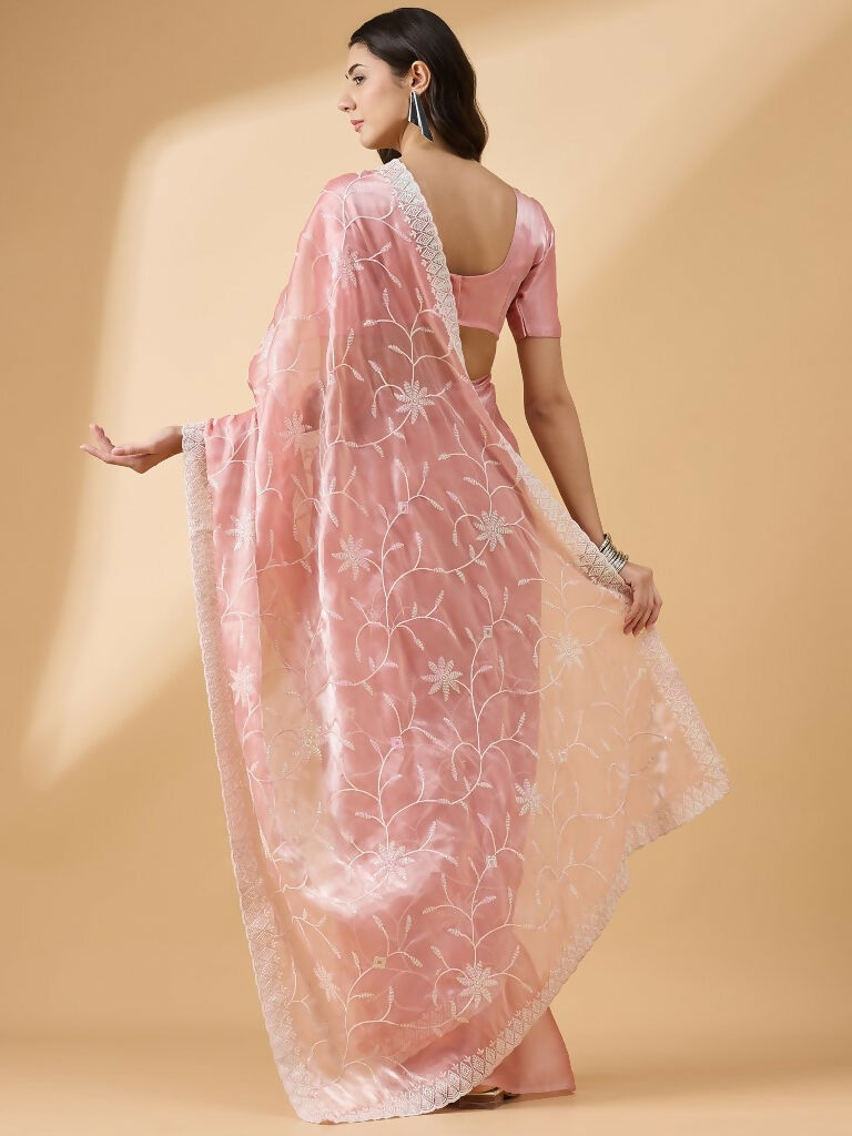 Peach Tissue Slub Embroidered Saree with Unstitched Blouse - Vairagi