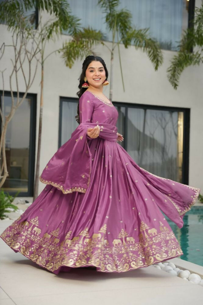 Vastranavya Lavender Chinnon with Embroidery Zari Sequins Work Gown