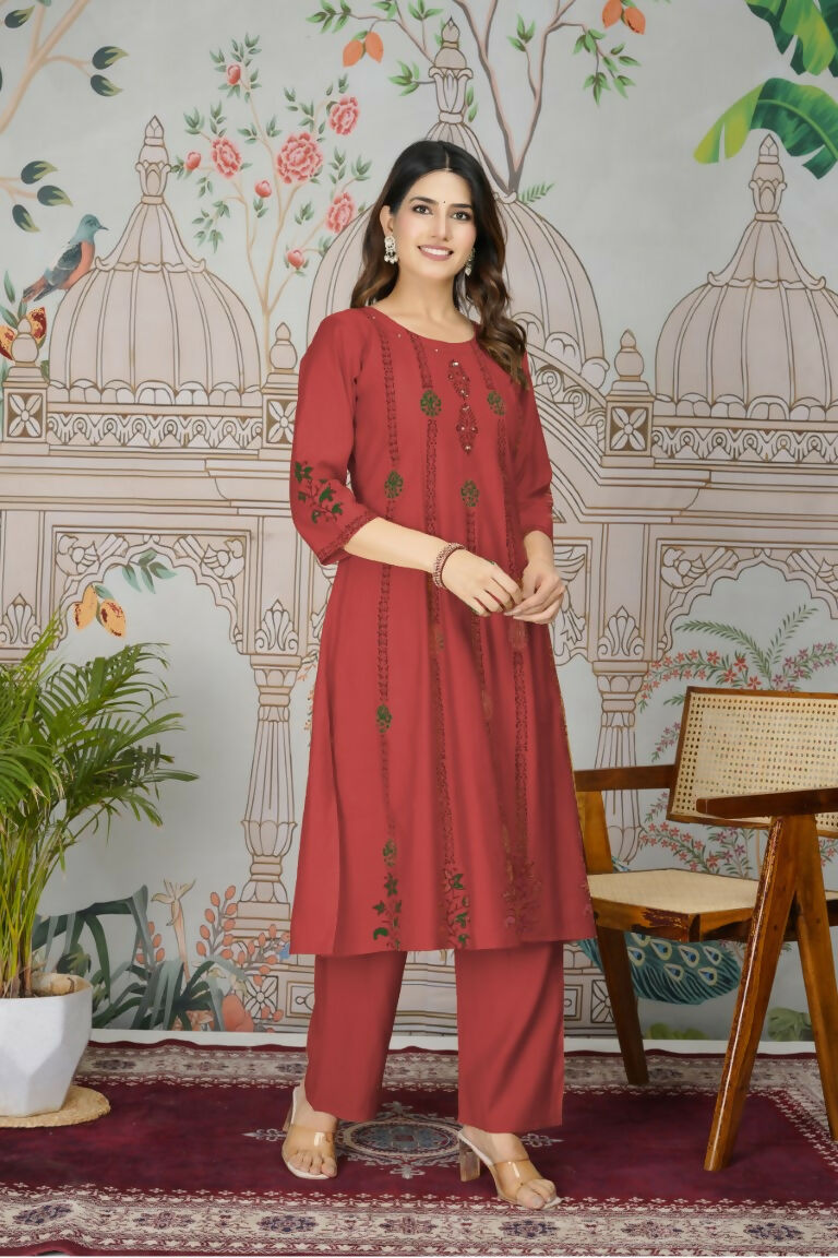 Ethnic Festive Wear Viscose Roman Silk Red Stitched Pant Pair - Rashmika