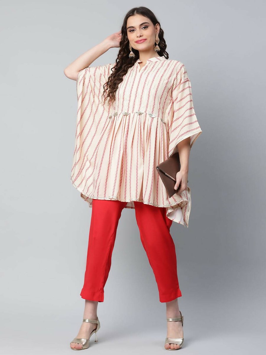 Ahalyaa Womens Off White Crepe Printed Kaftan Pant Set