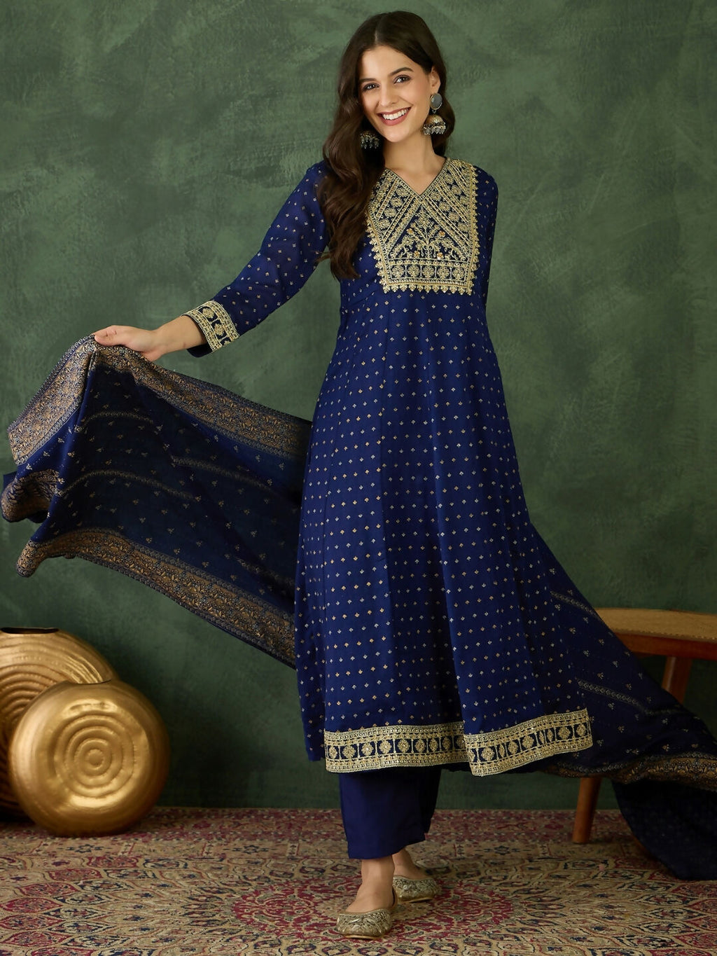 The52 Blue Women's Gorgeous Embroidered Work Vichitra Silk Fabric Flared Kurta Pant and Dupatta Set