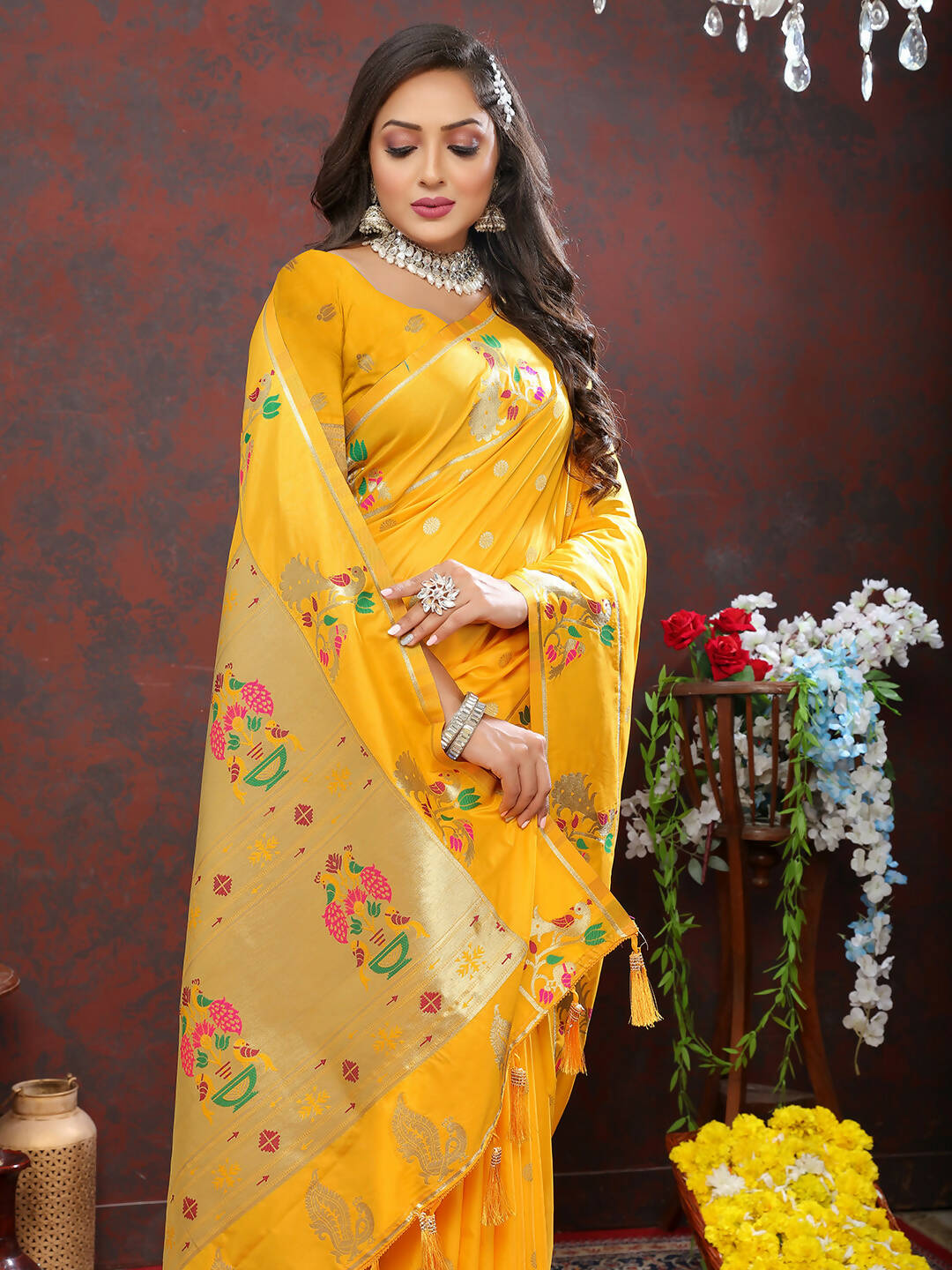 Lorenvalley Fashion Gold Soft Paithani Silk Woven Design Gold Zari Meenakari Weaving Saree