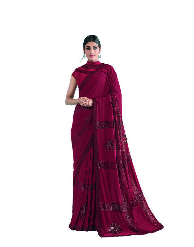 Red Lycra Sequence Embroidery Saree with Unstitched Blouse Piece - Norita Elaura