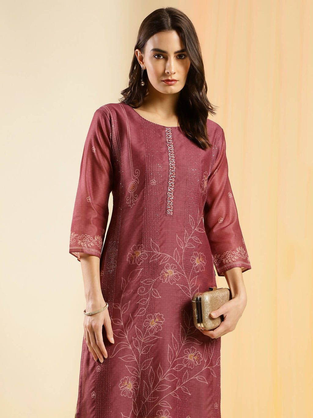Maroon Chinon Digital Printed With Hand Work Kurta - Himanshi