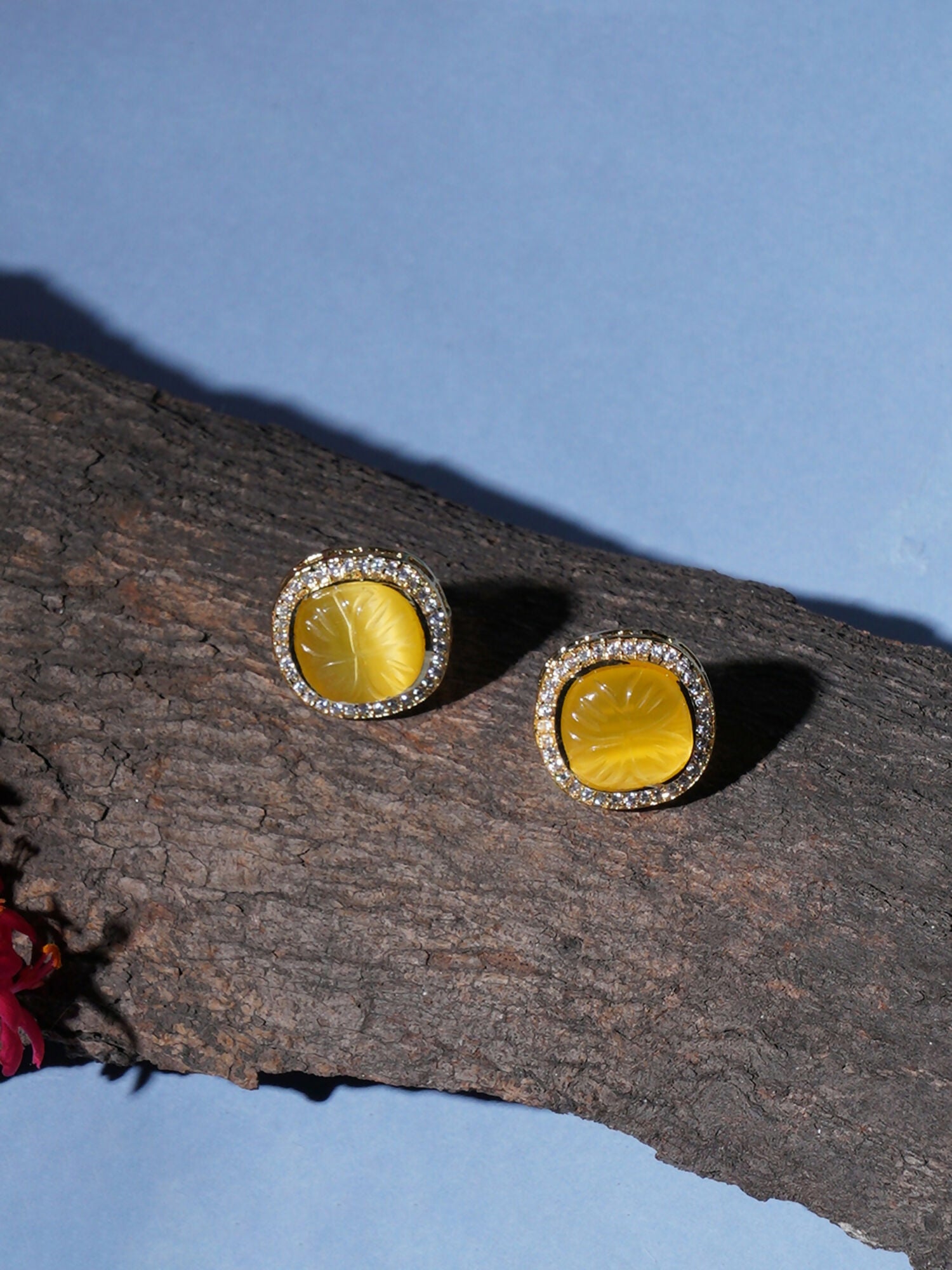 Yellow Stone Kundan Studs (yellow) - Ruby Raang