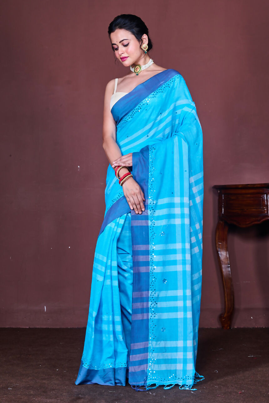 Morchari Blue Cotton Handloom Mirror Work Saree Unstitched Blouse