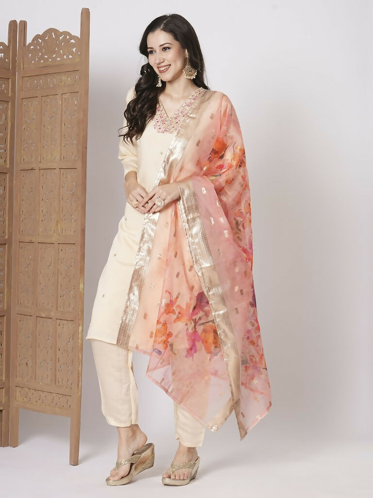 Peach PV Chanderi Embroidery Work,Printed Kurta Set - Riya