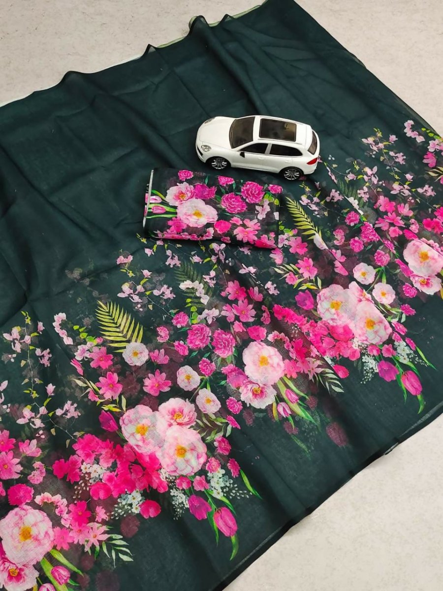Arfa Fashion House Black Floral Pure Lilin Digital Printed Saree