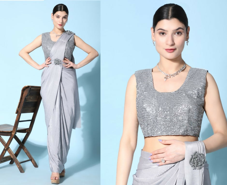 Grey Imported Crush Lycra Texture Pattern Ready to Wear Saree with stitched Blouse - Nirvana