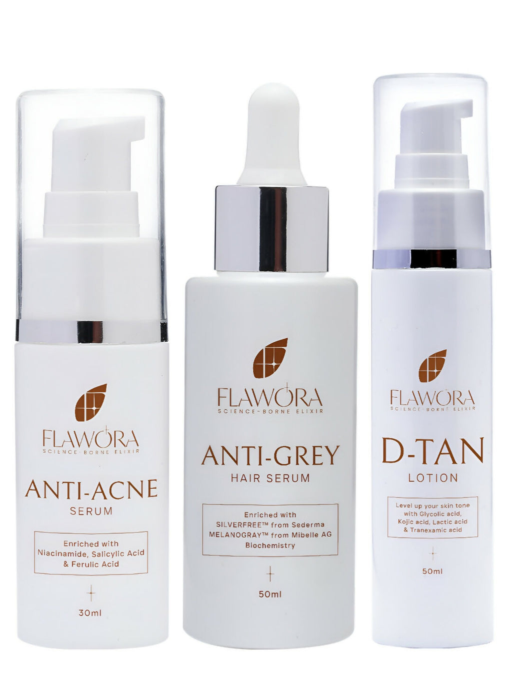 Flawora Set of Anti-Grey Hair Serum, Anti Acne Serum and D-Tan Lotion