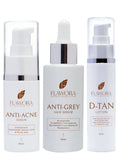Flawora Set of Anti-Grey Hair Serum, Anti Acne Serum and D-Tan Lotion