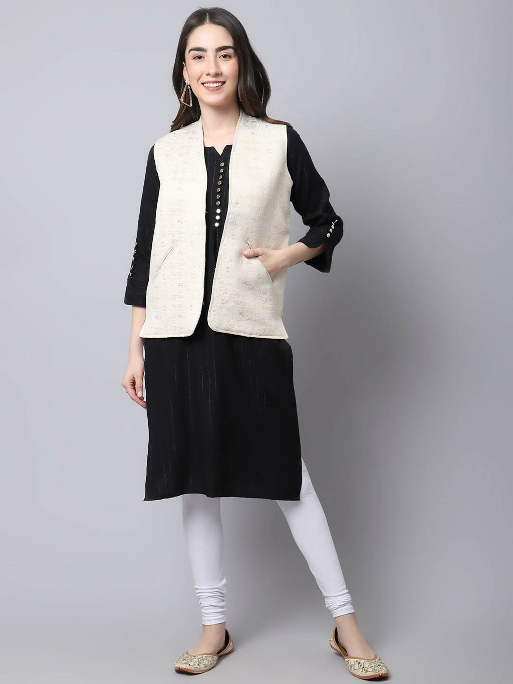 Even Apparels Cream 100% Viscose Rayon Open Front Gillet