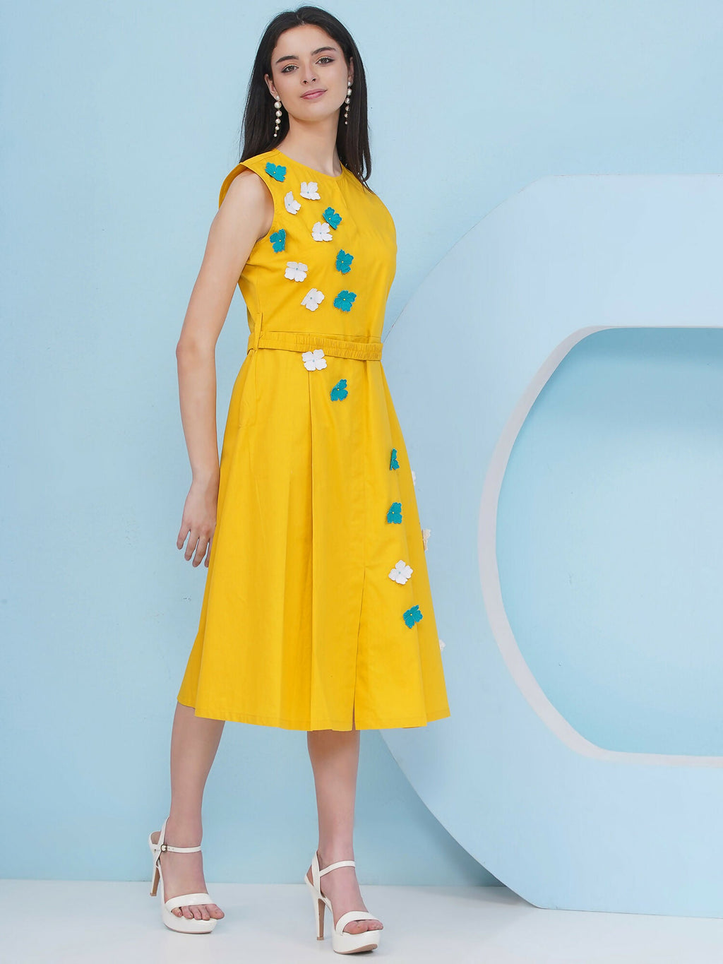 Joban Fashion Yellow Dress with 3D Flower Embroidery and Belt