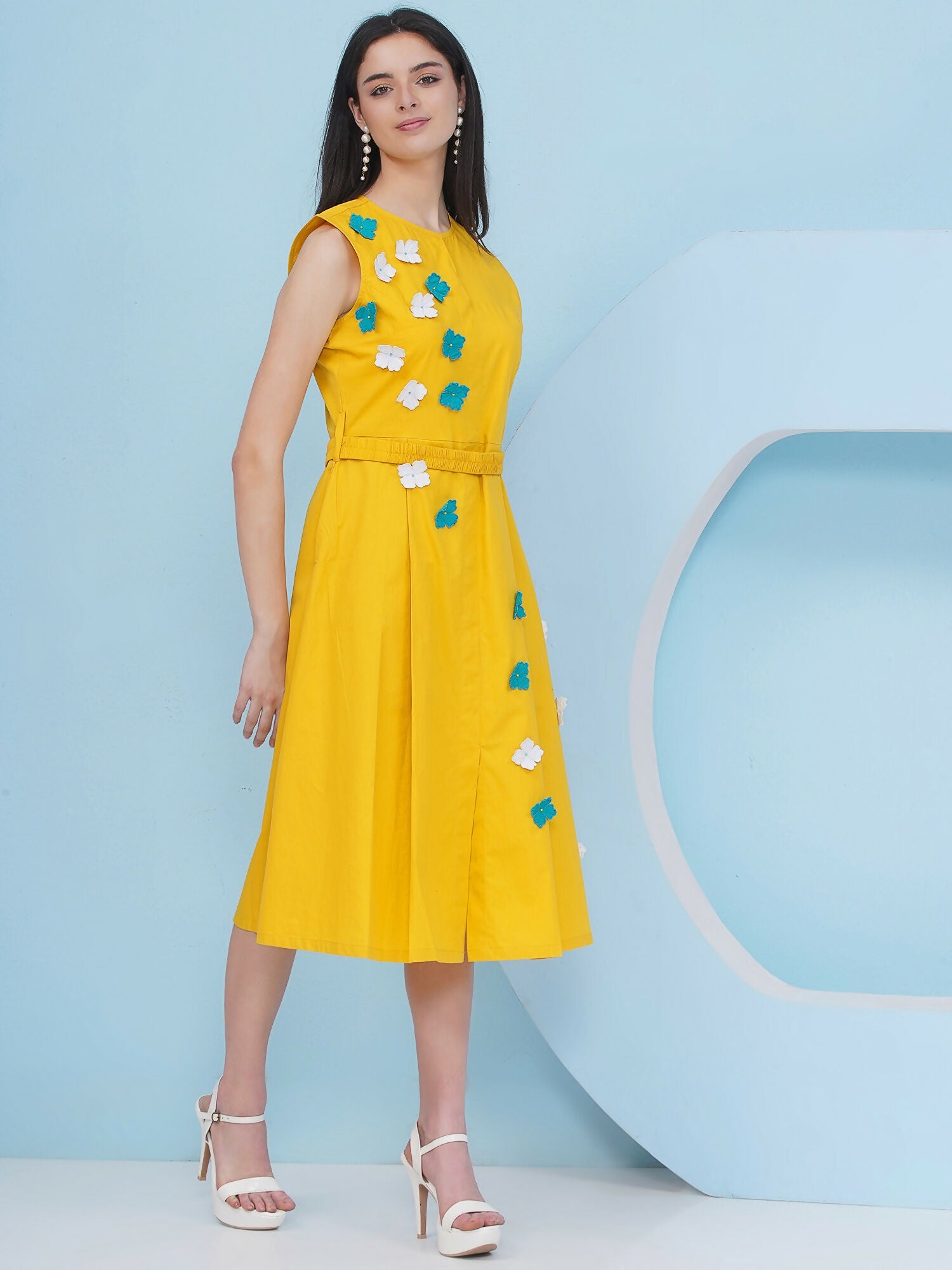 Joban Fashion Yellow Dress with 3D Flower Embroidery and Belt