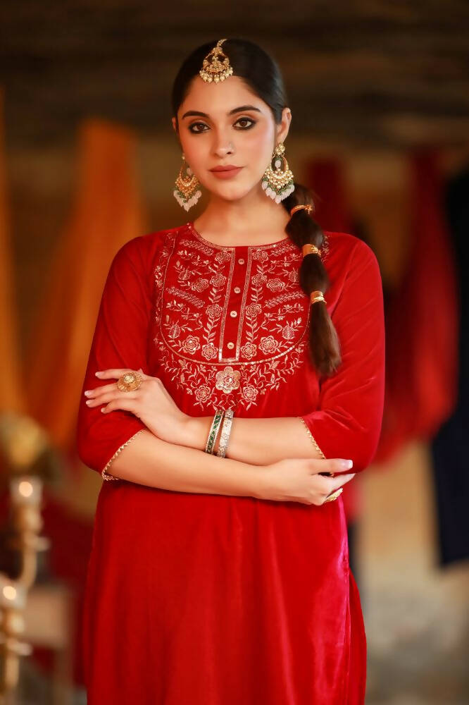 Juniper Women Fuchsia Velvet Embroidered Straight Kurta Sets