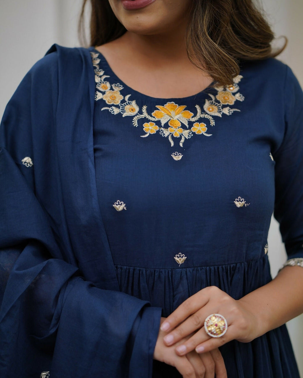 The52 Blue Women's Gorgeous Viscose Fabric Embroidered Work Flared Kurta Pant and Dupatta Set