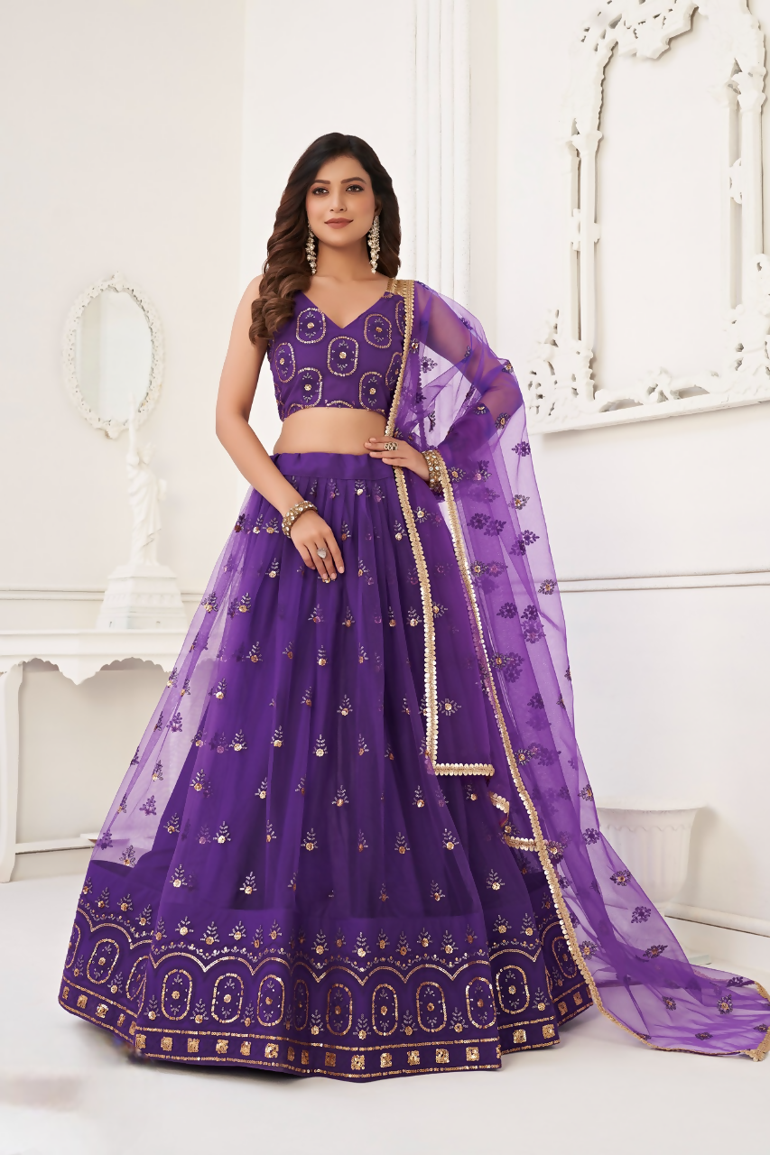 Eilara Women'S Purple Butterfly Net Embroidered Thread Work Designer Lehenga Choli